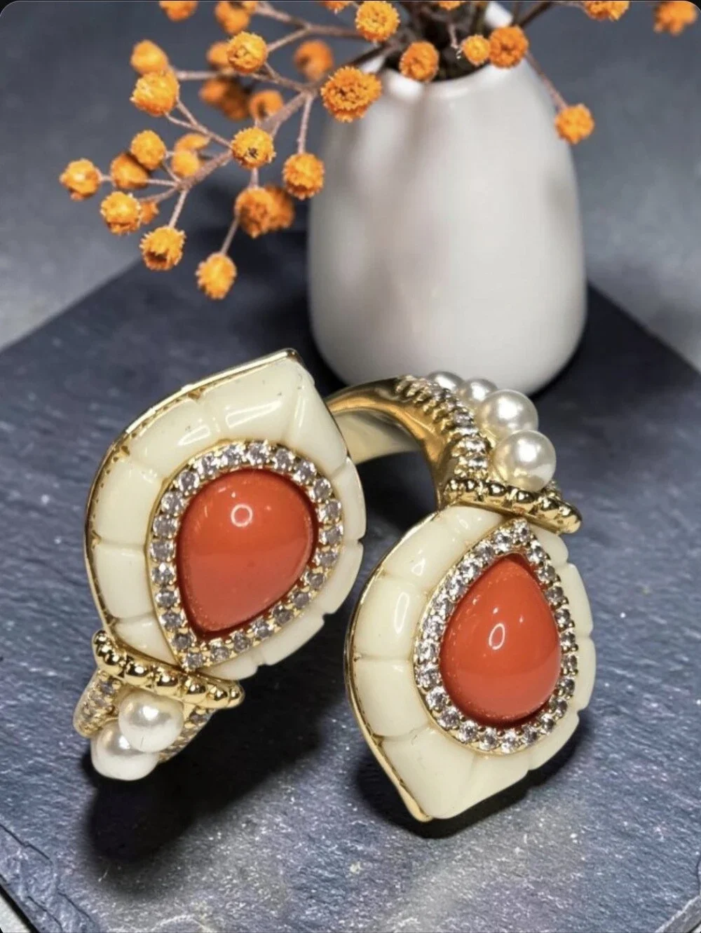 18k Gold Plated Designer Scallop Lucite Coral Cabochon Pearl Crystal Bypass Ring